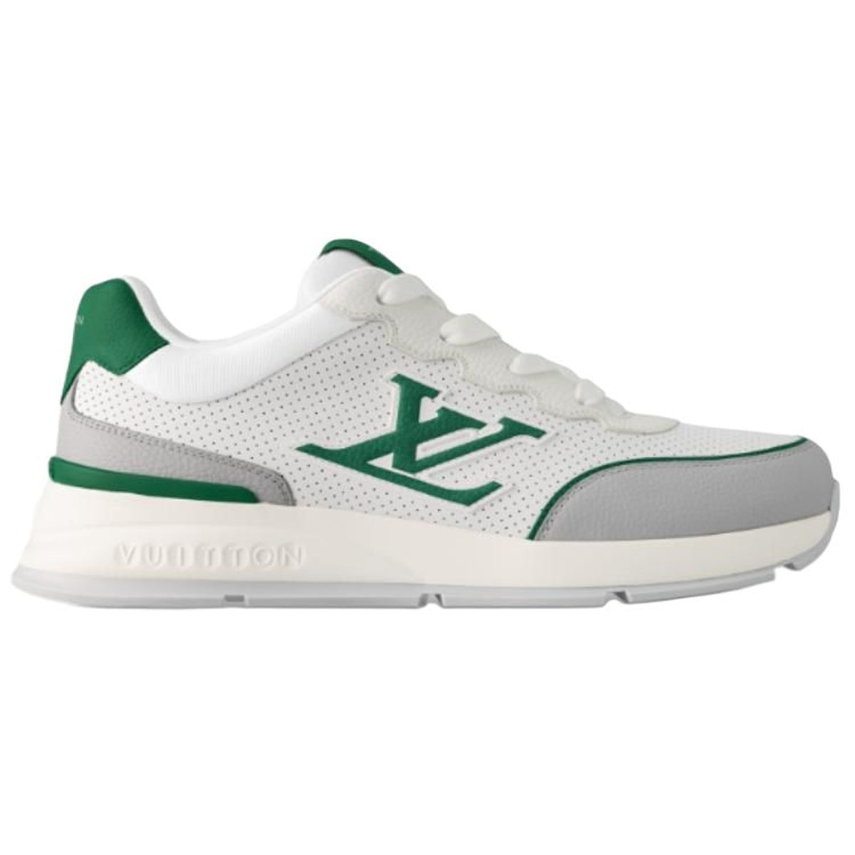 Louis Vuitton LV Runner White Perforated Leather & Grey Suede Oversized Green LV Logo Athletic Low-Top Sneakers – White, Grey & Forest Green