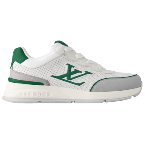 Louis Vuitton LV Runner White Perforated Leather & Grey Suede Oversized Green LV Logo Athletic Low-Top Sneakers – White, Grey & Forest Green