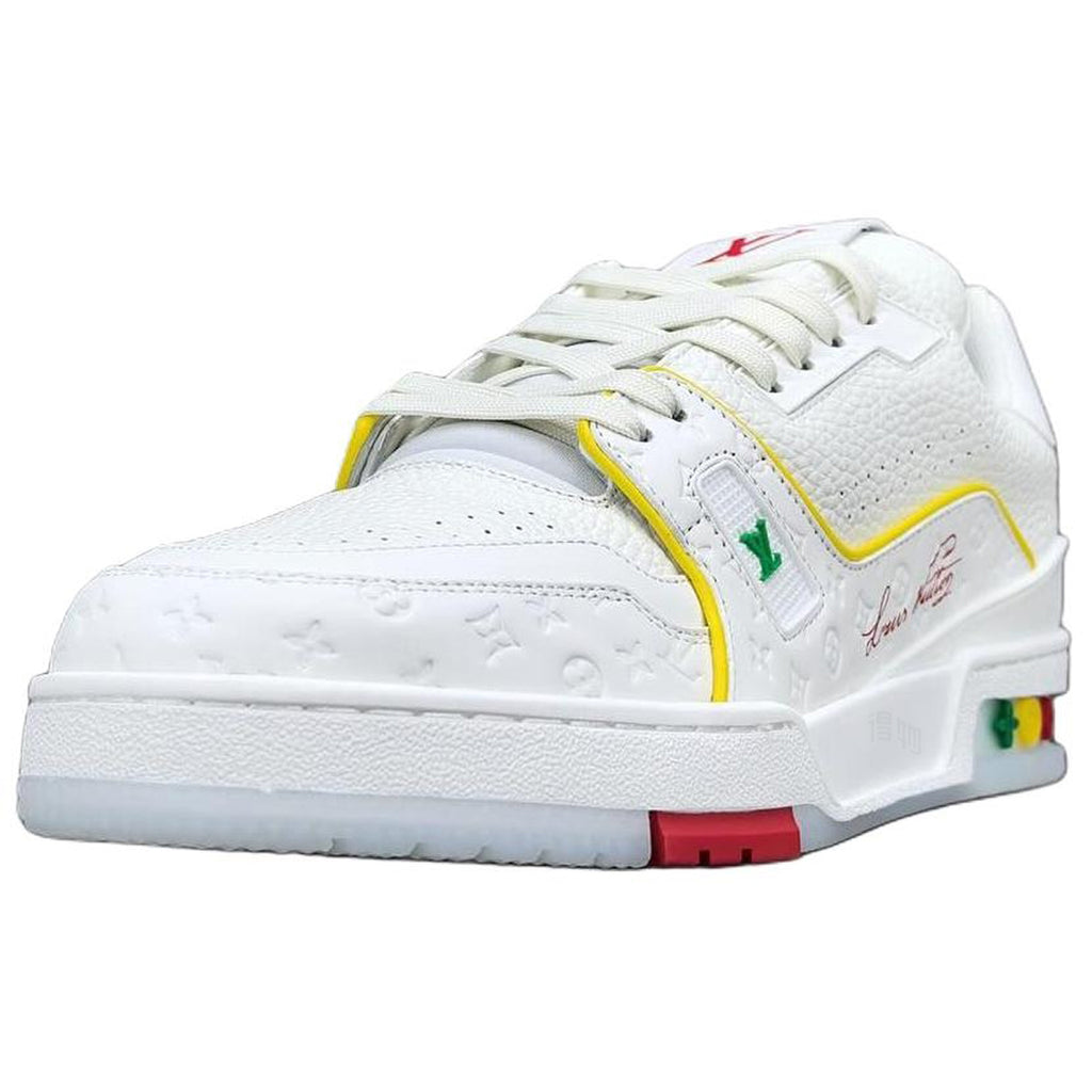 Louis Vuitton Trainer Shanghai Cruise Limited Edition White Grained Leather Yellow Piping & Tricolour Sole Low-Top Sneakers – White, Yellow, Green & Red