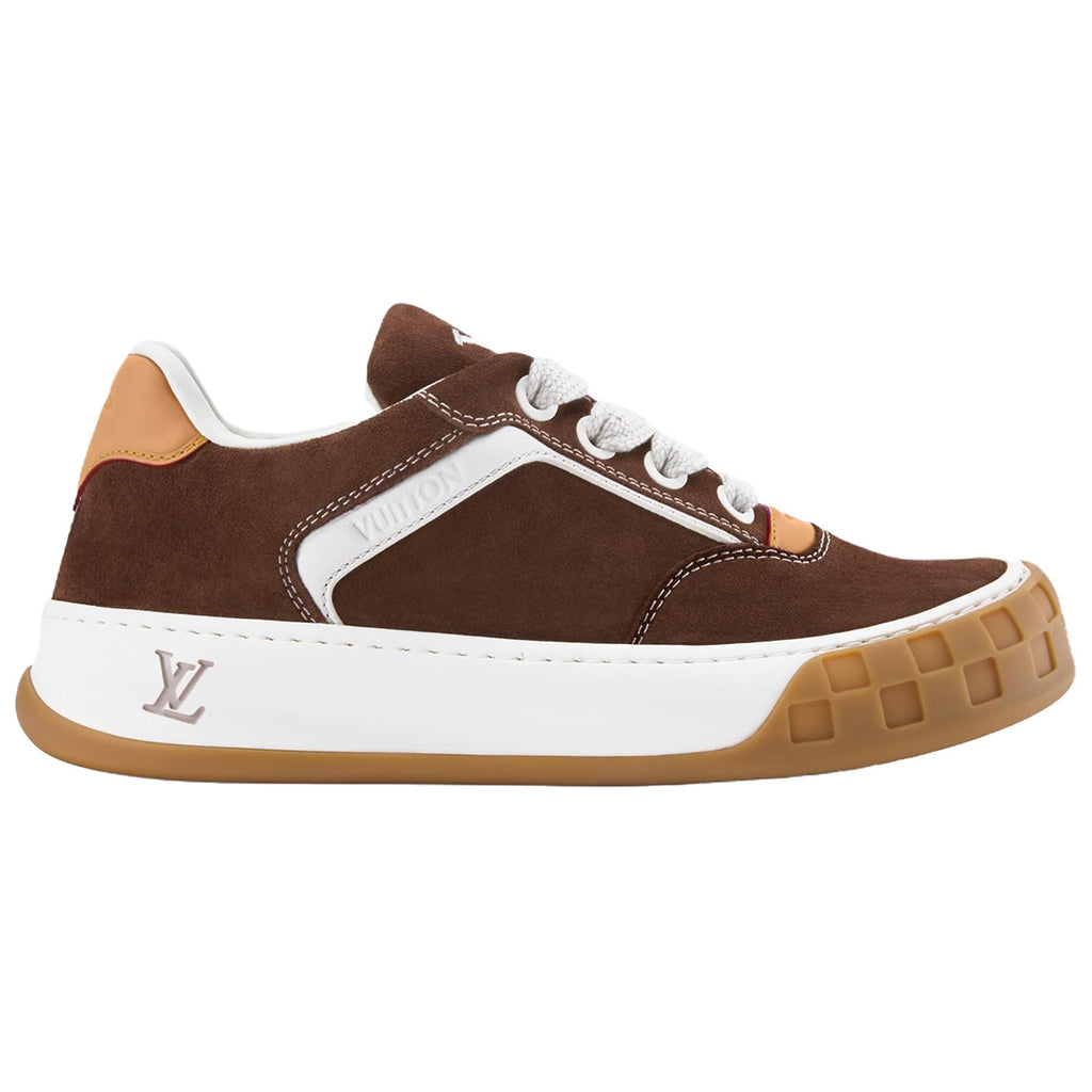 Louis Vuitton LV Ollie Deep Chocolate Brown Suede & White Leather Curved V-Stripe Caramel Tan Heel Accent Gum Checkered Sole Low-Top Sneakers – Chocolate Brown, White & Caramel