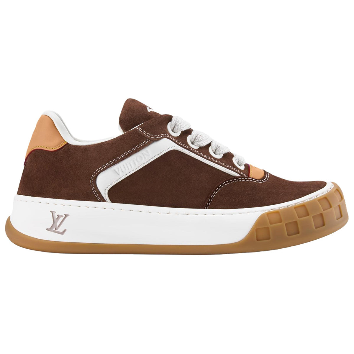 Louis Vuitton LV Ollie Deep Chocolate Brown Suede & White Leather Curved V-Stripe Caramel Tan Heel Accent Gum Checkered Sole Low-Top Sneakers – Chocolate Brown, White & Caramel