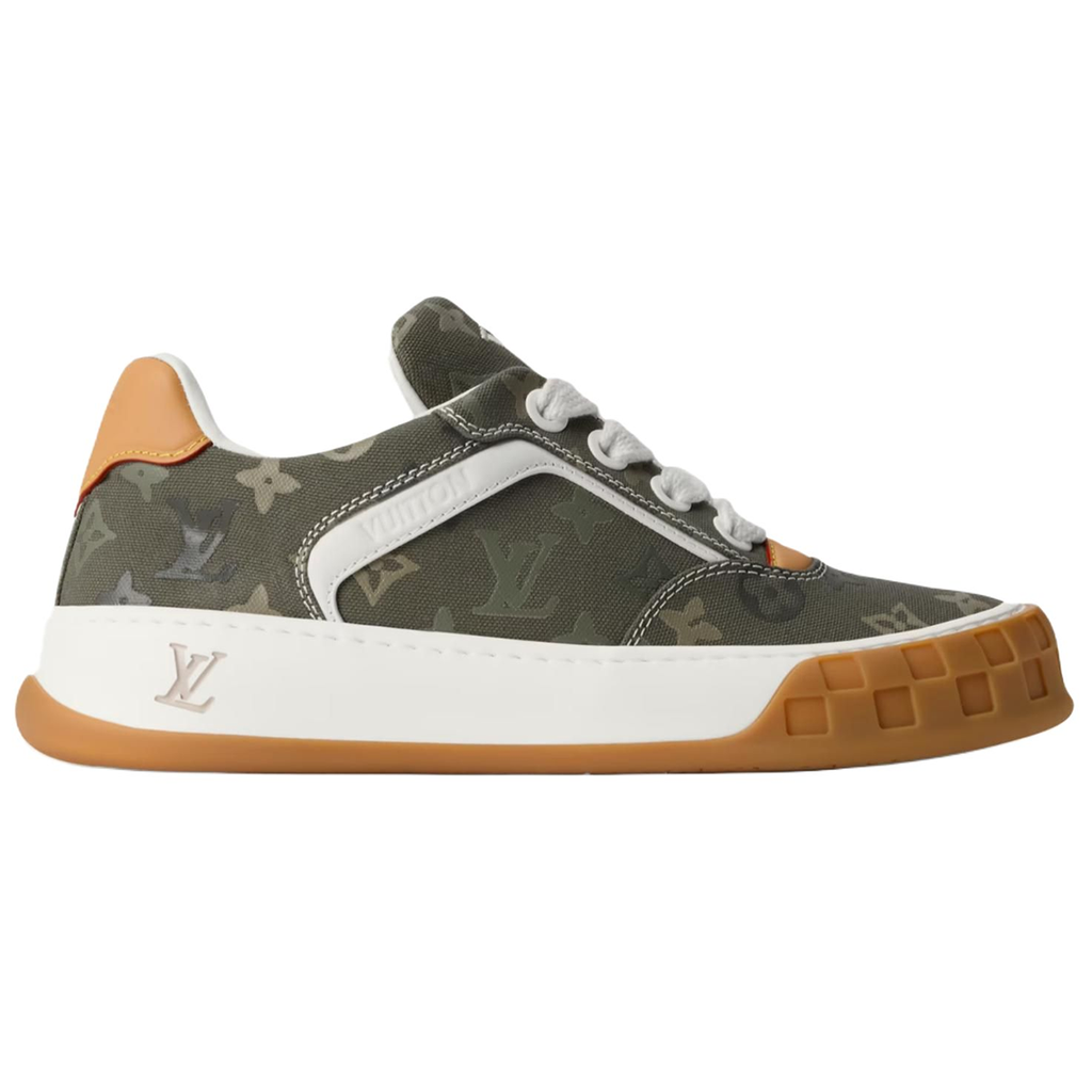 Louis Vuitton LV Ollie Khaki Military Olive Tonal Monogram Canvas White Leather V-Stripe Caramel Tan Heel Accent Gum Sole Low-Top Sneakers – Khaki Monogram & Caramel