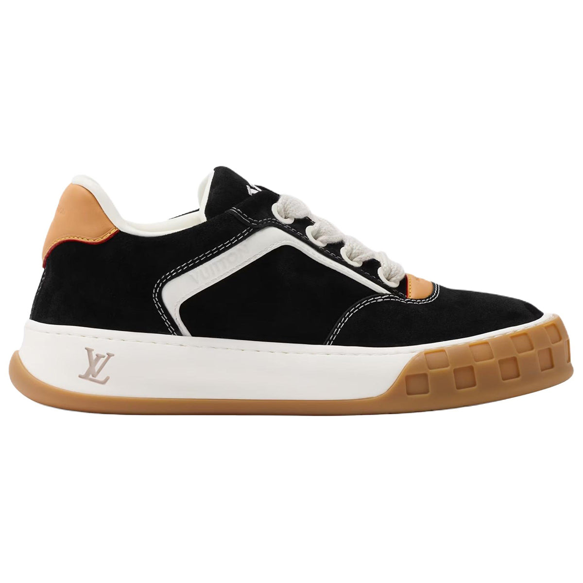 Louis Vuitton LV Ollie Black Suede & White Leather Curved V-Stripe Caramel Heel Accent Gum Checkered Sole Low-Top Sneakers – Black, White & Caramel