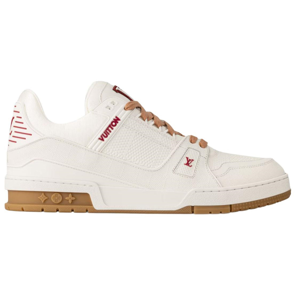Louis Vuitton Trainer Cream Grained Leather Burgundy Accents & Honey Gum Sole Low-Top Sneakers – Cream, Burgundy & Caramel