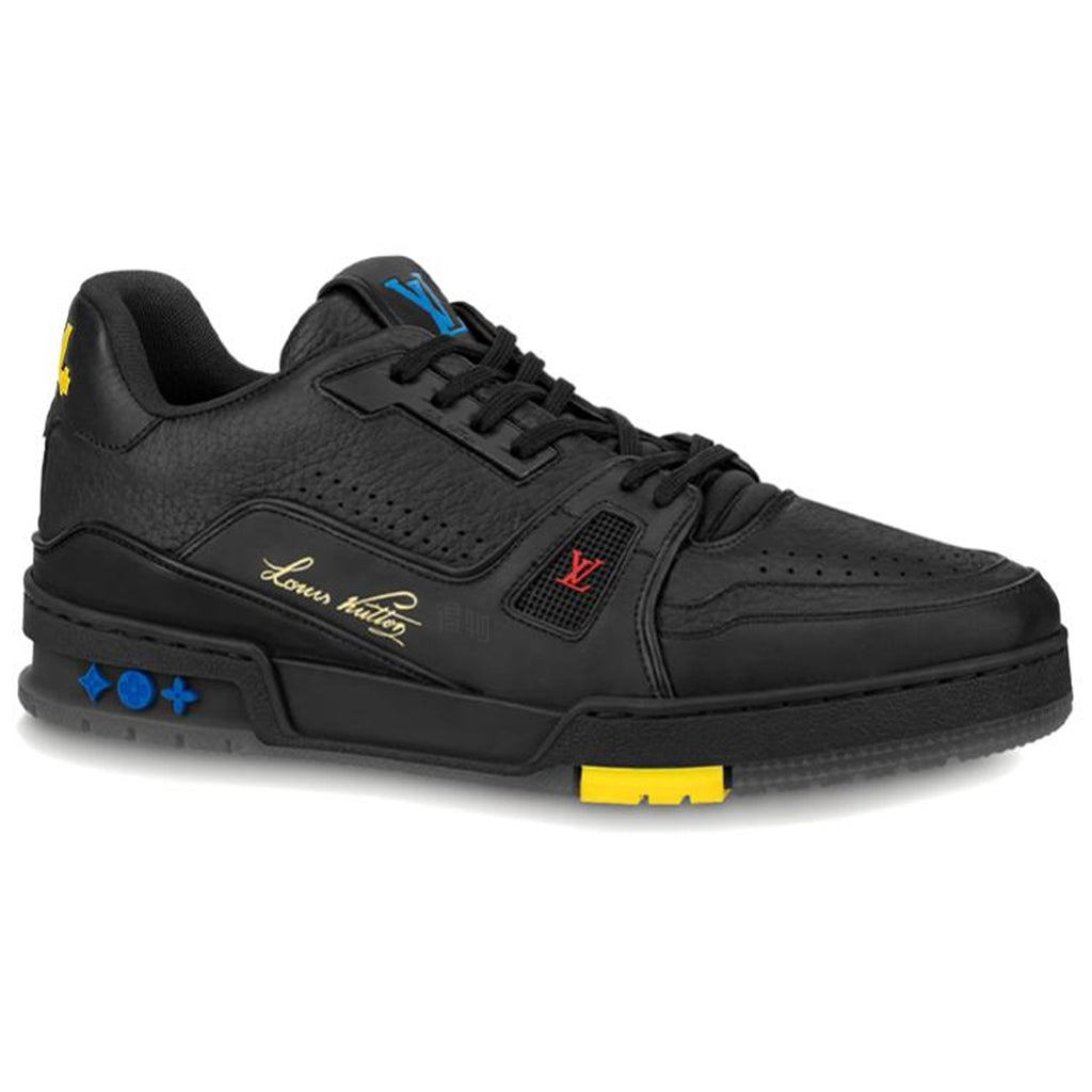 Louis Vuitton Trainer Leather & Mesh Logo Low-Top Sneakers with Gold Signature – Black