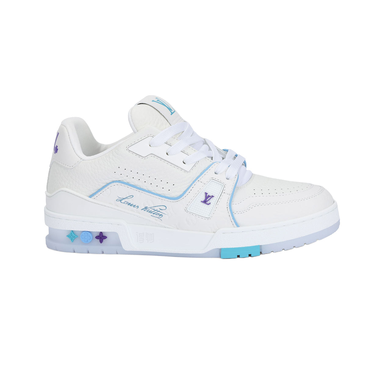 Louis Vuitton Trainer Shanghai Cruise Limited Edition White Grained Leather Ice Blue Piping & Violet Badge Cyan-Purple Sole Low-Top Sneakers – White, Ice Blue & Violet