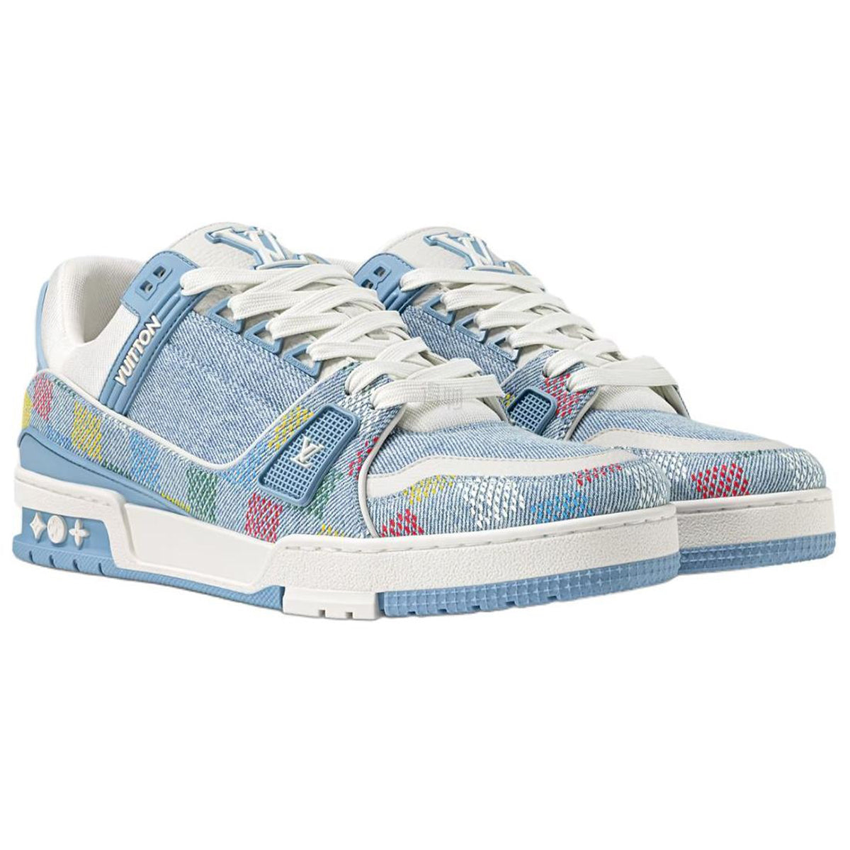 Louis Vuitton Trainer Multicolor Monogram Flower Embroidered Denim Low-Top Sneakers – Light Blue