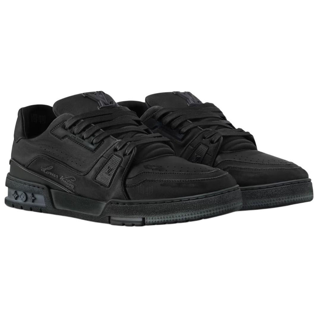 Louis Vuitton Trainer Vintage-Effect Calf Leather Tonal Low-Top Sneakers – Triple Black