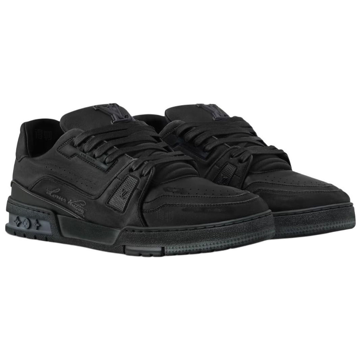 Louis Vuitton Trainer Vintage-Effect Calf Leather Tonal Low-Top Sneakers – Triple Black