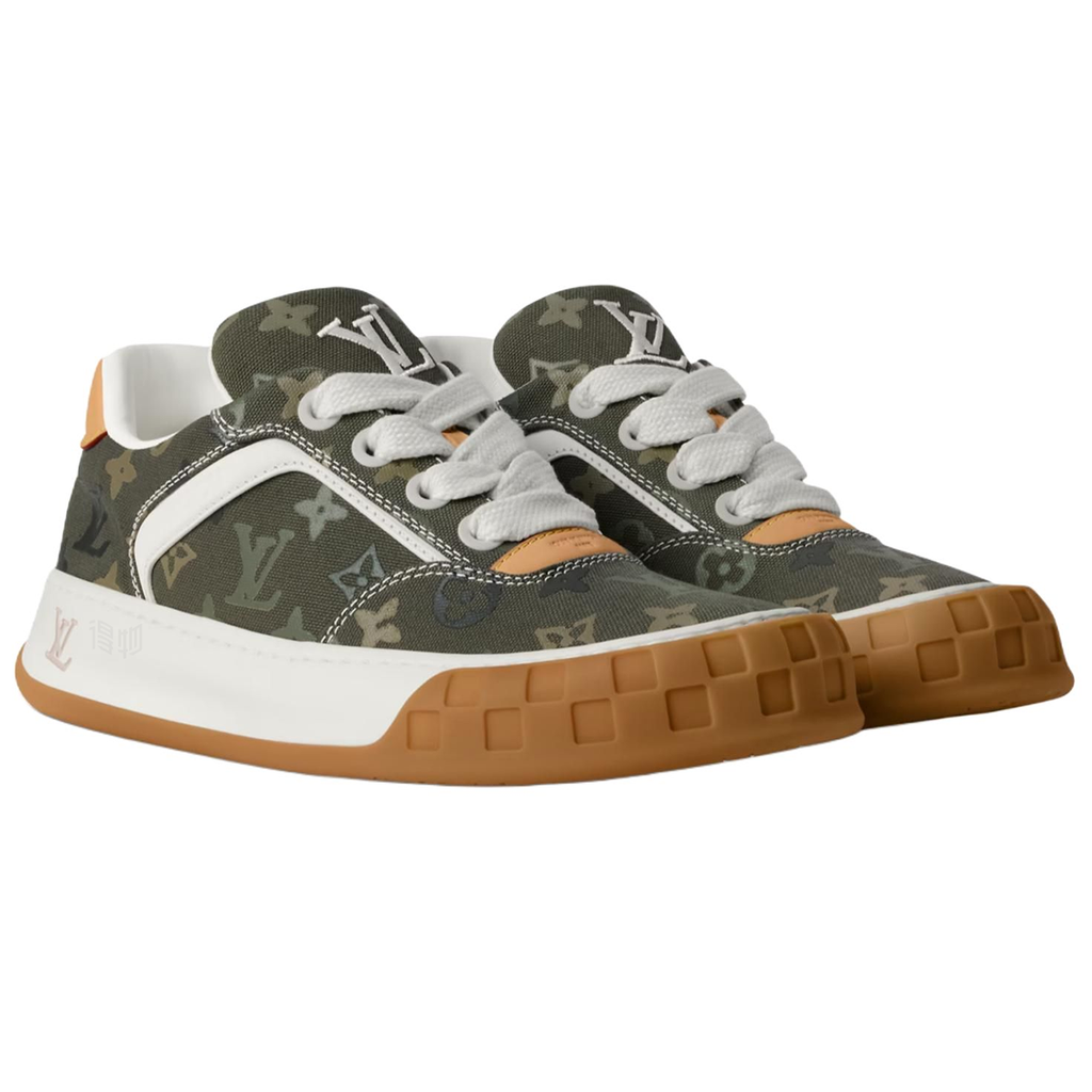 Louis Vuitton LV Ollie Khaki Military Olive Tonal Monogram Canvas White Leather V-Stripe Caramel Tan Heel Accent Gum Sole Low-Top Sneakers – Khaki Monogram & Caramel