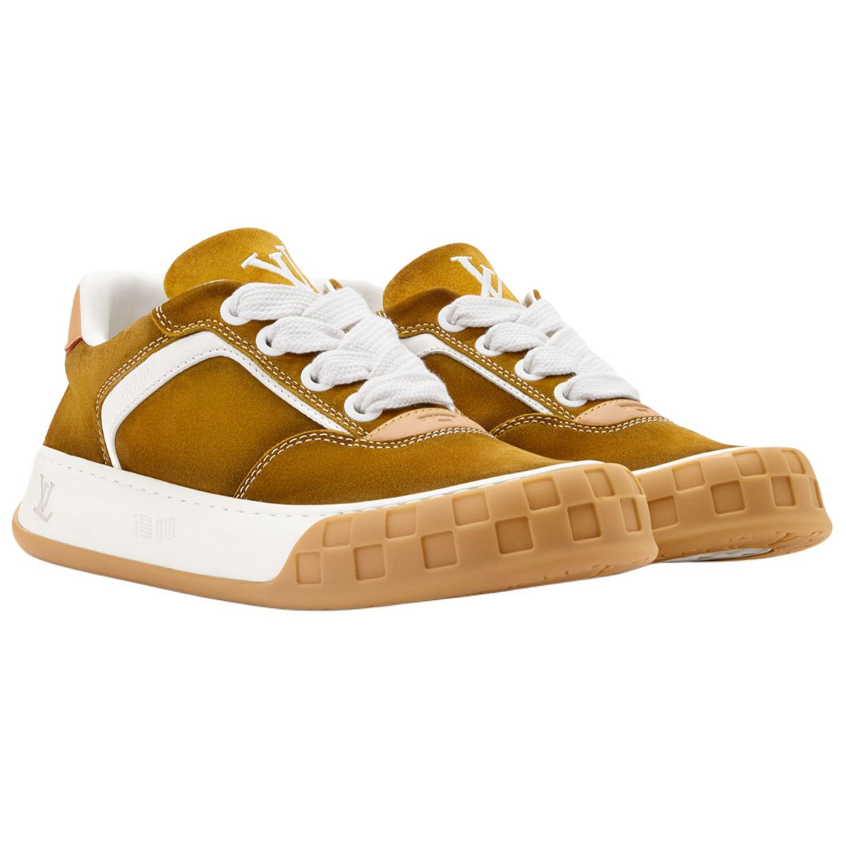 Louis Vuitton LV Ollie Honey Gold Mustard Suede & White Leather Curved V-Stripe Desert Tan Heel Accent Gum Checkered Sole Low-Top Sneakers – Honey Gold, White & Caramel