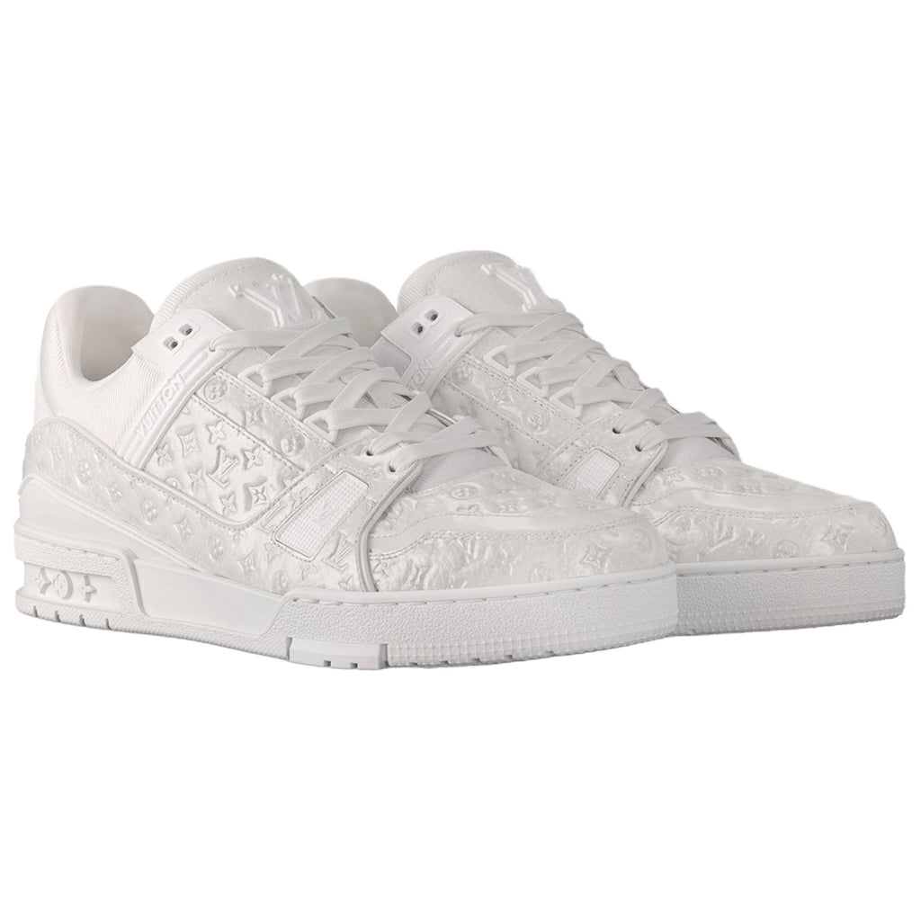 Louis Vuitton Trainer Monogram Embossed Grained Leather Low-Top Sneakers – Triple White