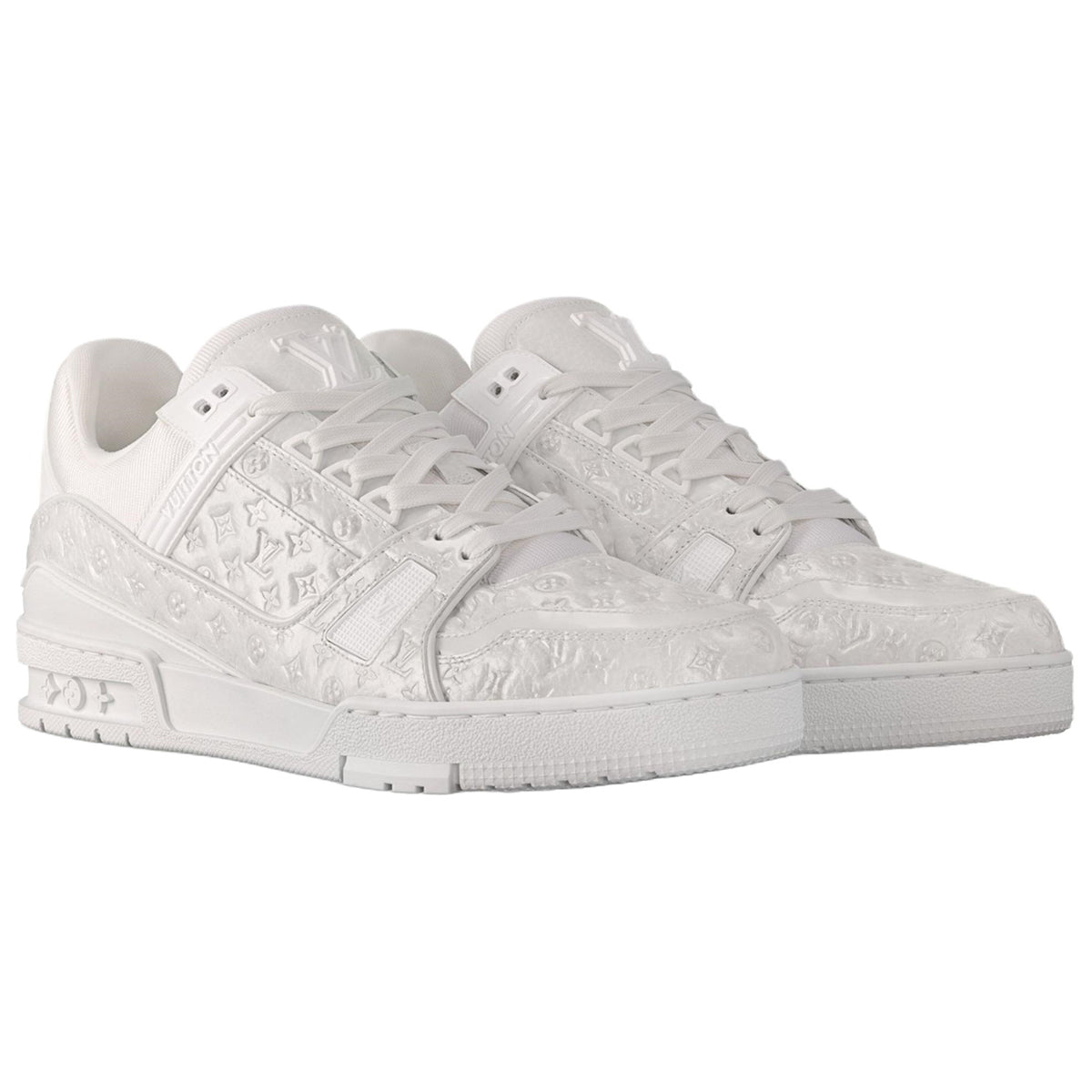 Louis Vuitton Trainer Monogram Embossed Grained Leather Low-Top Sneakers – Triple White