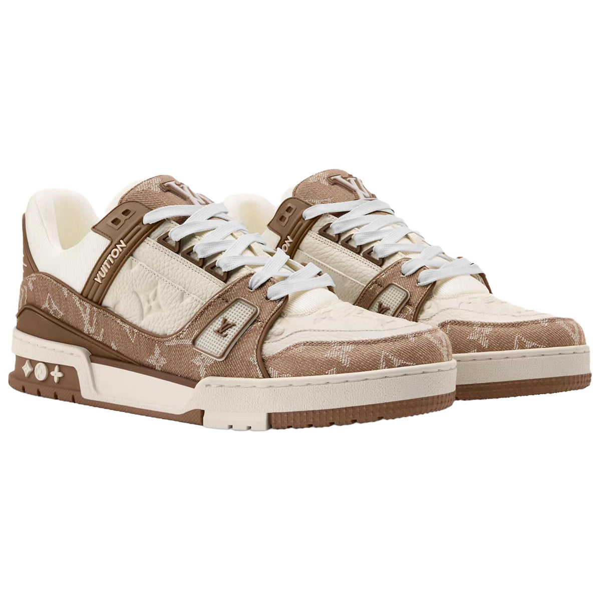 Louis Vuitton Trainer Mocha Monogram Jacquard Denim & Cream Embossed Monogram Leather Overlay Platform Low-Top Sneakers – Mocha, Cream & Brown