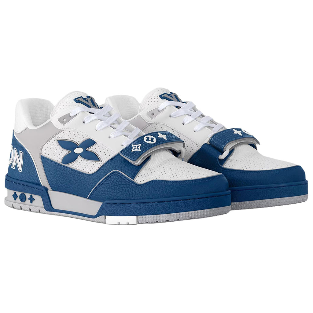 Louis Vuitton Trainer Velcro Strap Oversized LV Flower Perforated & Embossed Leather Low-Top Sneakers – Royal Blue, White & Grey
