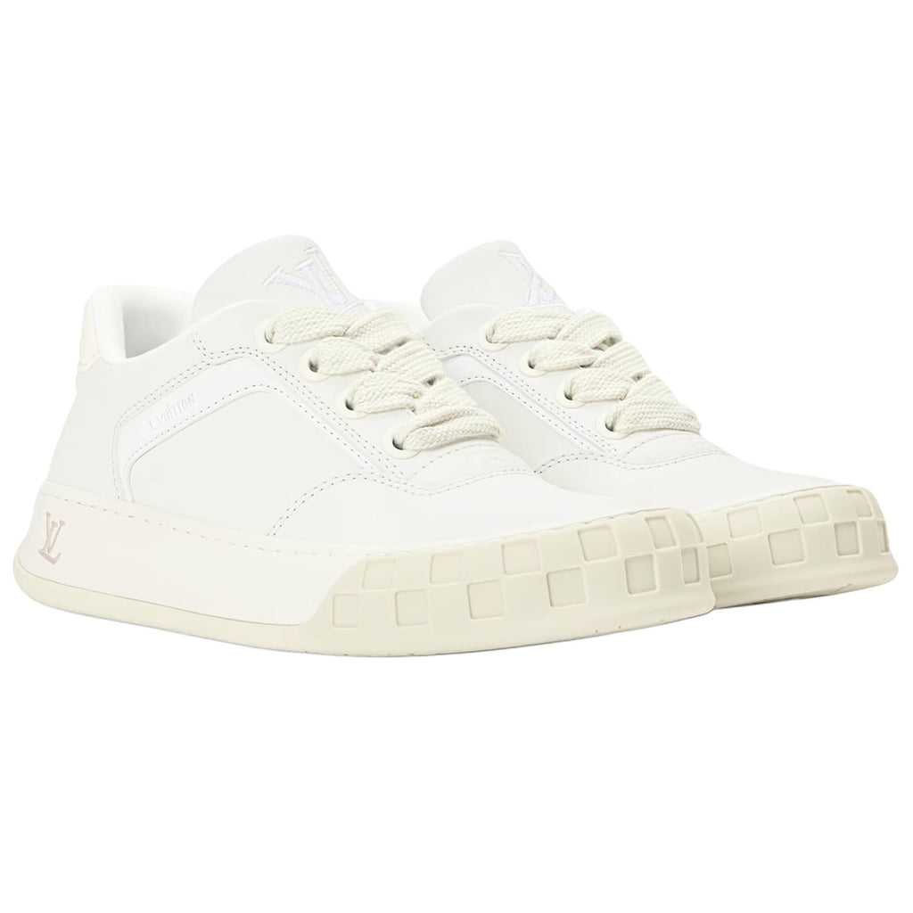 Louis Vuitton LV Ollie Triple White Smooth Calf Leather Tonal V-Stripe White Damier-Inspired Checkered Sole Low-Top Sneakers – All White