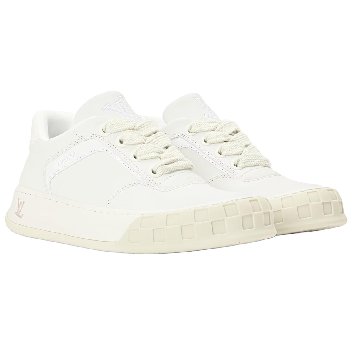 Louis Vuitton LV Ollie Triple White Smooth Calf Leather Tonal V-Stripe White Damier-Inspired Checkered Sole Low-Top Sneakers – All White