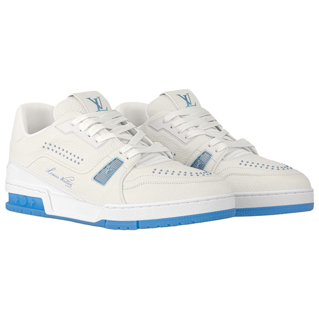Louis Vuitton Trainer White Smooth Leather Silver Stud Embellishment & Sky Blue Diamond Mesh Low-Top Sneakers – White & Sky Blue