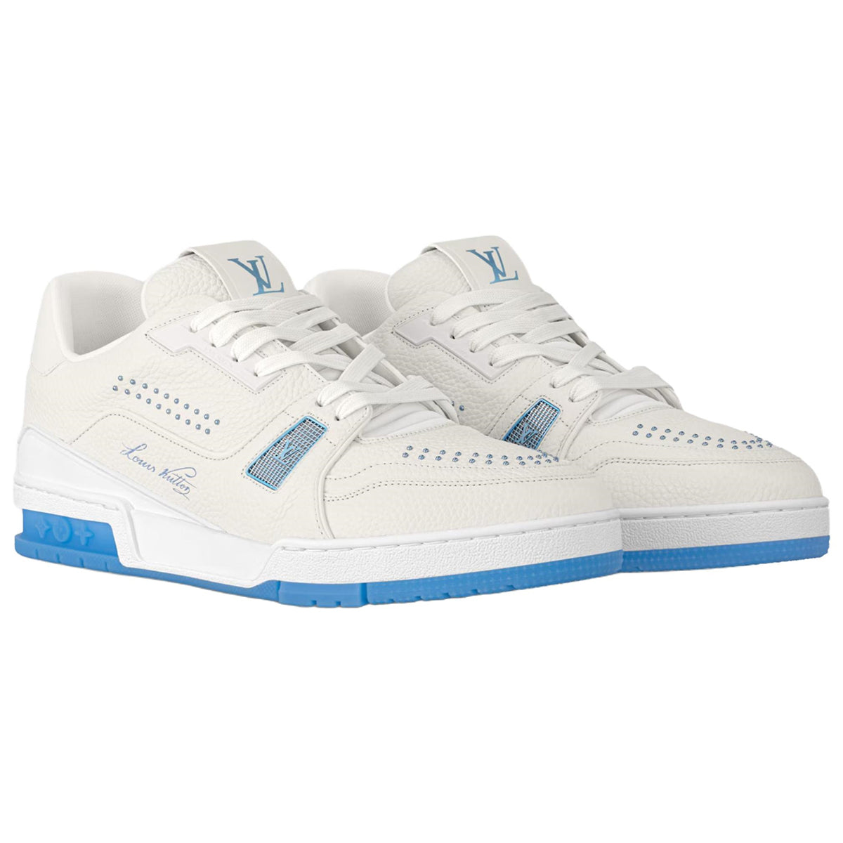 Louis Vuitton Trainer White Smooth Leather Silver Stud Embellishment & Sky Blue Diamond Mesh Low-Top Sneakers – White & Sky Blue