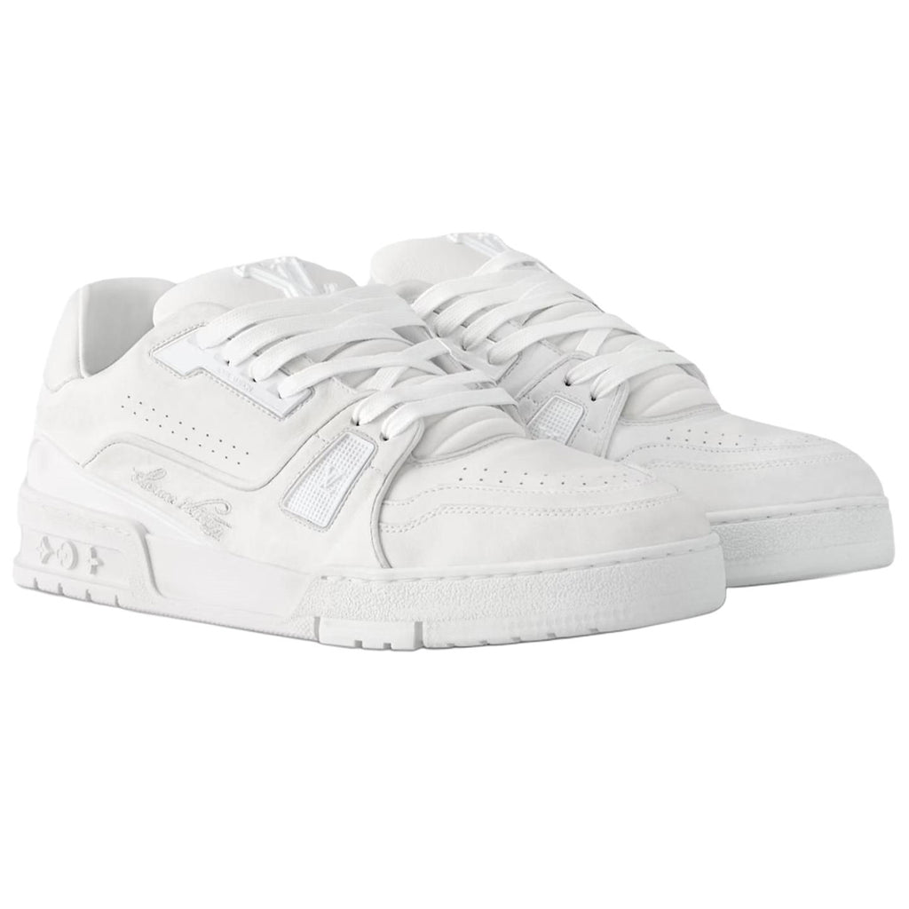 Louis Vuitton Trainer Vintage-Effect Calf Leather Tonal Low-Top Sneakers – Triple White