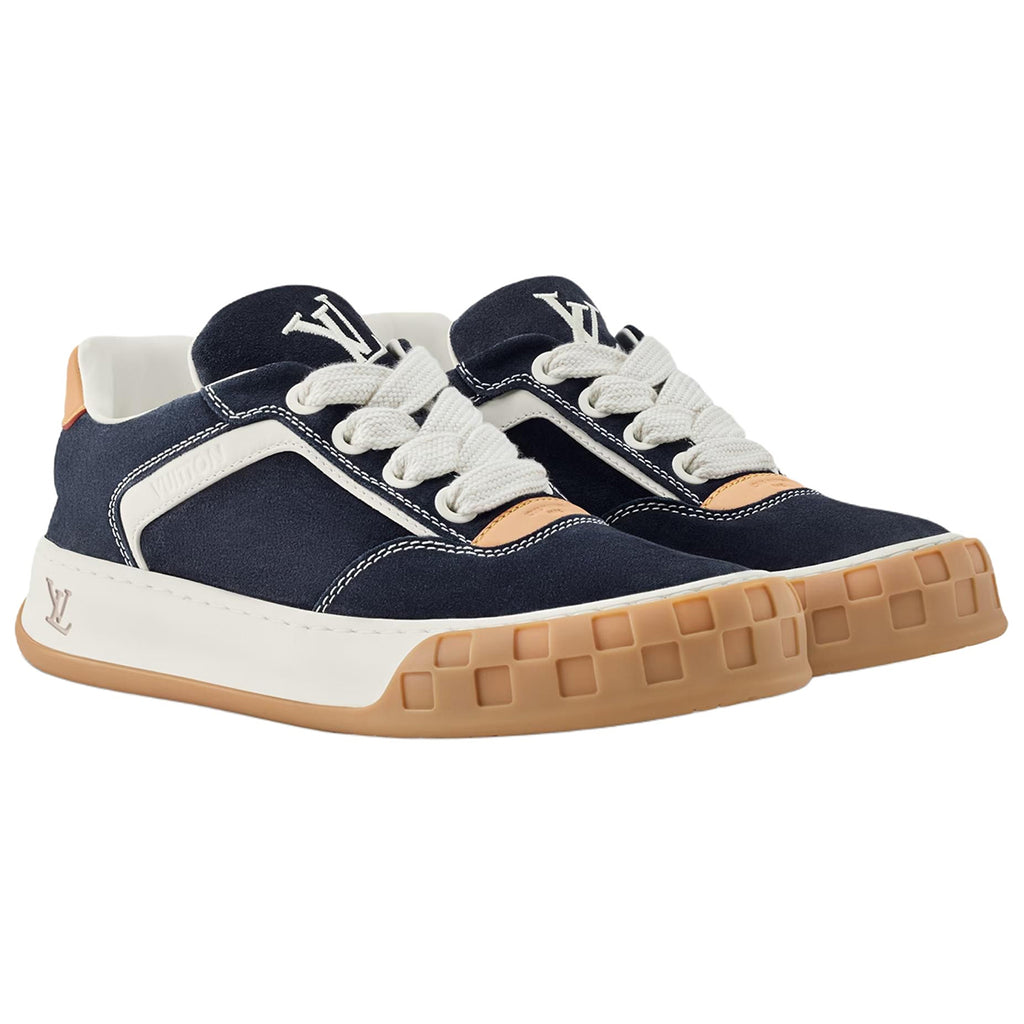 Louis Vuitton LV Ollie Deep Navy Blue Suede & Off-White Leather Curved V-Stripe Caramel Heel Accent Gum Checkered Sole Low-Top Sneakers – Navy, Cream & Caramel