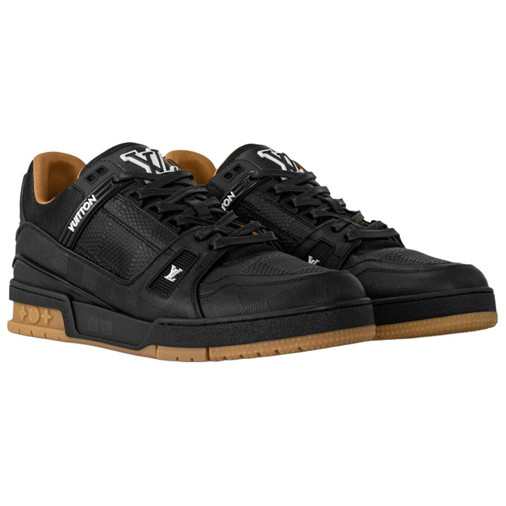 Louis Vuitton Trainer Tonal Black LV Monogram Embossed Leather & Gum Sole Low-Top Sneakers – Black & Caramel