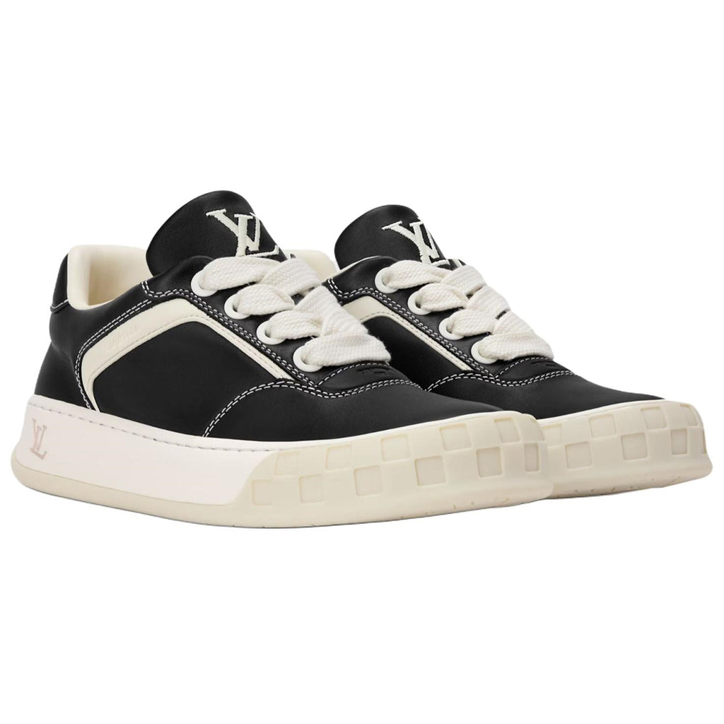 Louis Vuitton LV Ollie Black Smooth Calf Leather & Off-White Leather Curved V-Stripe Cream Heel Accent Off-White Checkered Sole Low-Top Sneakers – Black & Cream