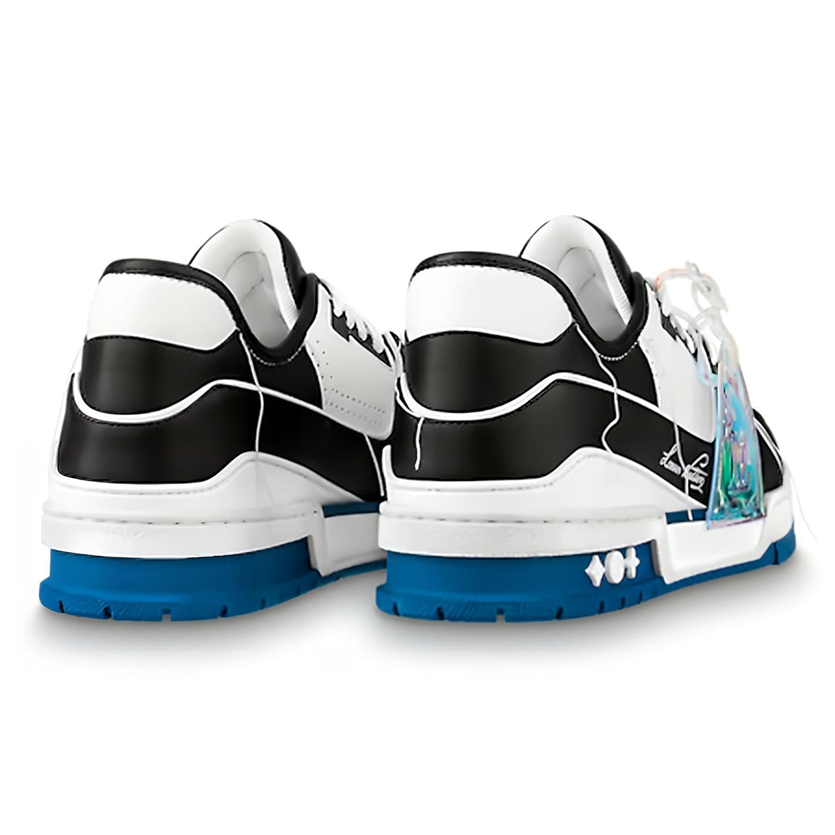 Louis Vuitton Trainer Leather Low-Top Sneakers – White, Black & Cobalt Blue with LV Holographic Charm