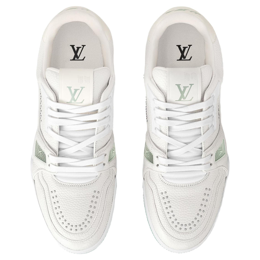 Louis Vuitton Trainer White Smooth Leather Silver Stud Embellishment & Sage Green Diamond Mesh Low-Top Sneakers – White & Sage Green