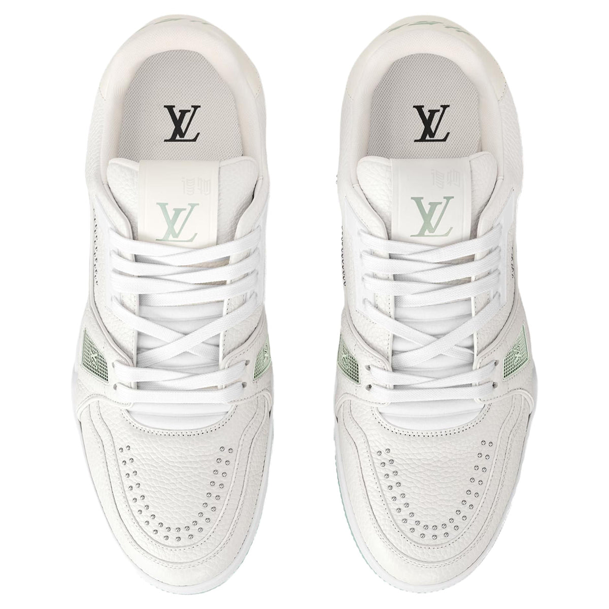 Louis Vuitton Trainer White Smooth Leather Silver Stud Embellishment & Sage Green Diamond Mesh Low-Top Sneakers – White & Sage Green
