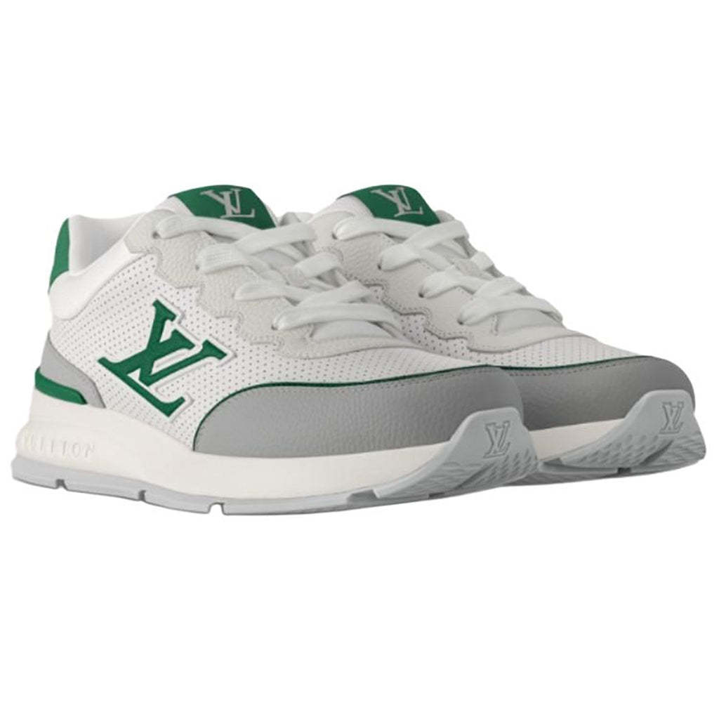 Louis Vuitton LV Runner White Perforated Leather & Grey Suede Oversized Green LV Logo Athletic Low-Top Sneakers – White, Grey & Forest Green