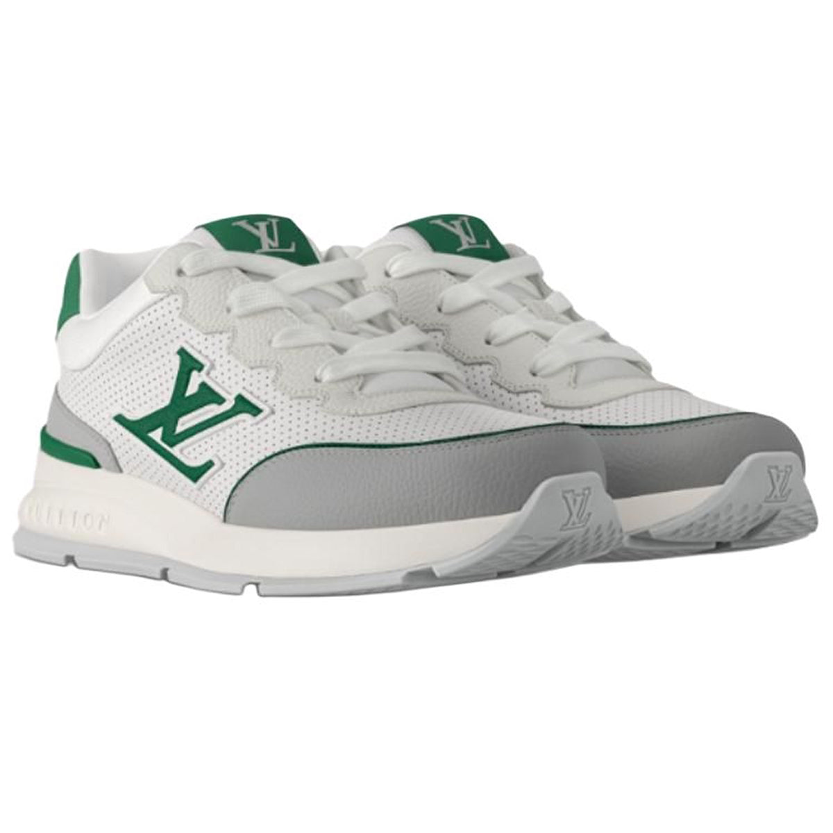 Louis Vuitton LV Runner White Perforated Leather & Grey Suede Oversized Green LV Logo Athletic Low-Top Sneakers – White, Grey & Forest Green