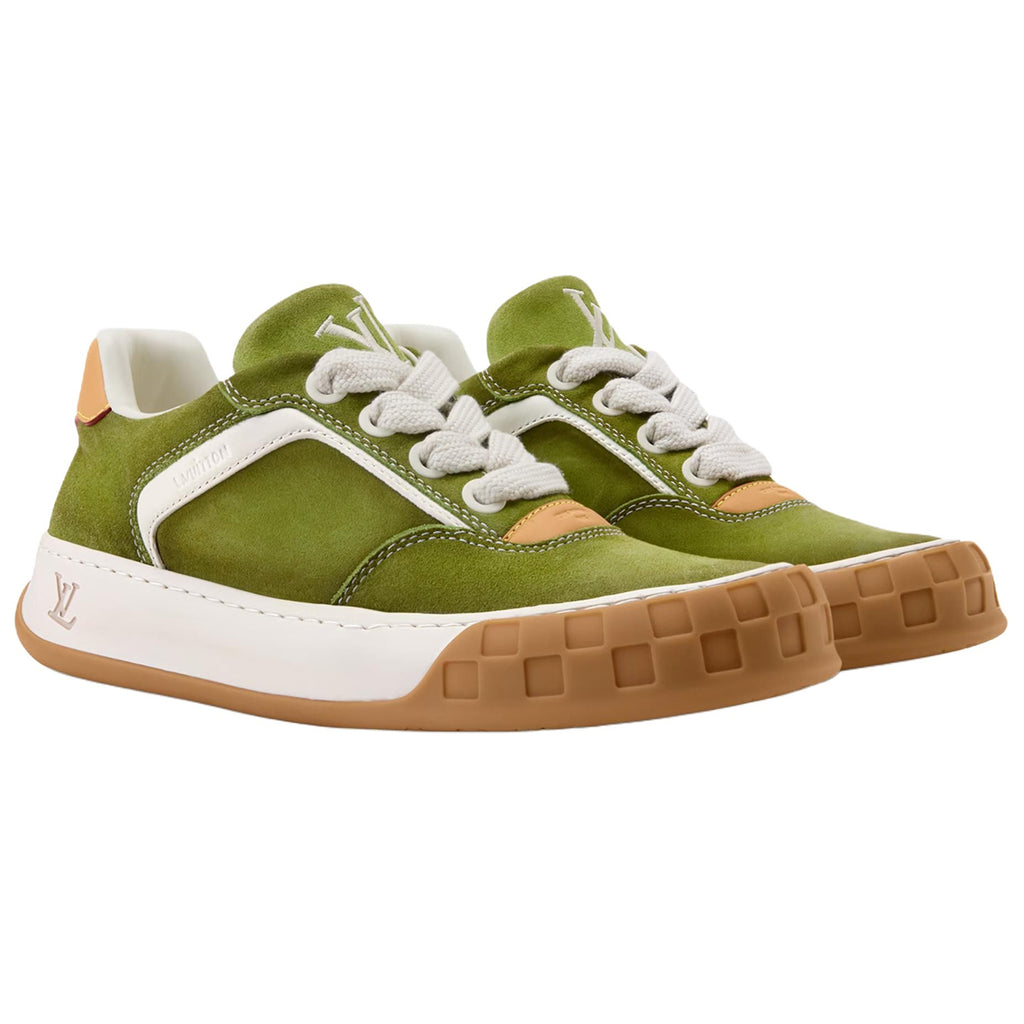 Louis Vuitton LV Ollie Olive Green Suede & White Leather Curved V-Stripe Caramel Tan Heel Accent Gum Checkered Sole Low-Top Sneakers – Olive Green, White & Caramel