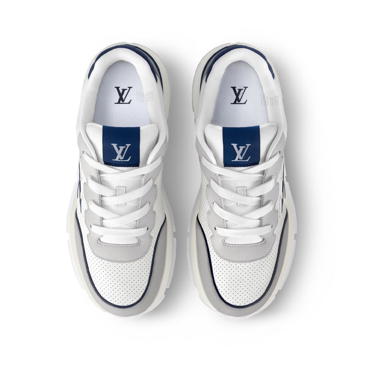 Louis Vuitton LV Runner White Perforated Leather & Grey Suede Oversized Deep Navy Blue LV Logo Athletic Low-Top Sneakers – White, Grey & Navy