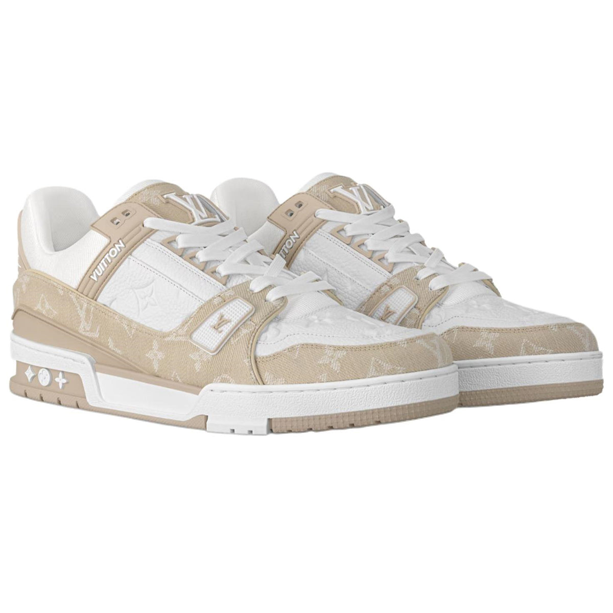 Louis Vuitton Trainer Monogram Denim Canvas & Smooth Leather Low-Top Sneakers – Beige & White