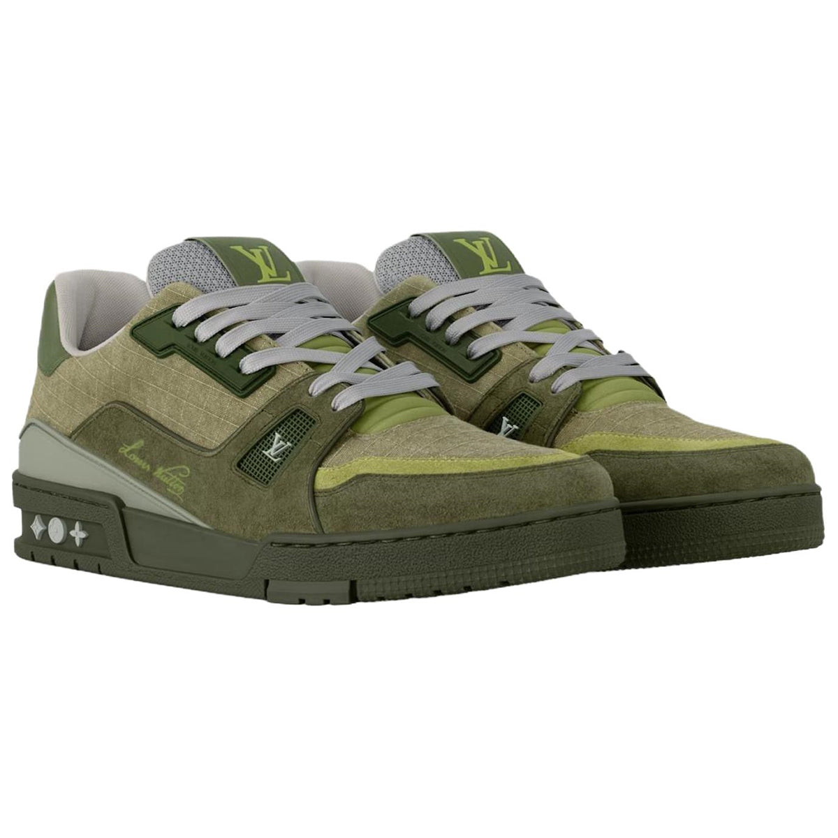 Louis Vuitton Trainer Mixed Materials Low-Top Sneakers – Olive, Khaki & Lime Green