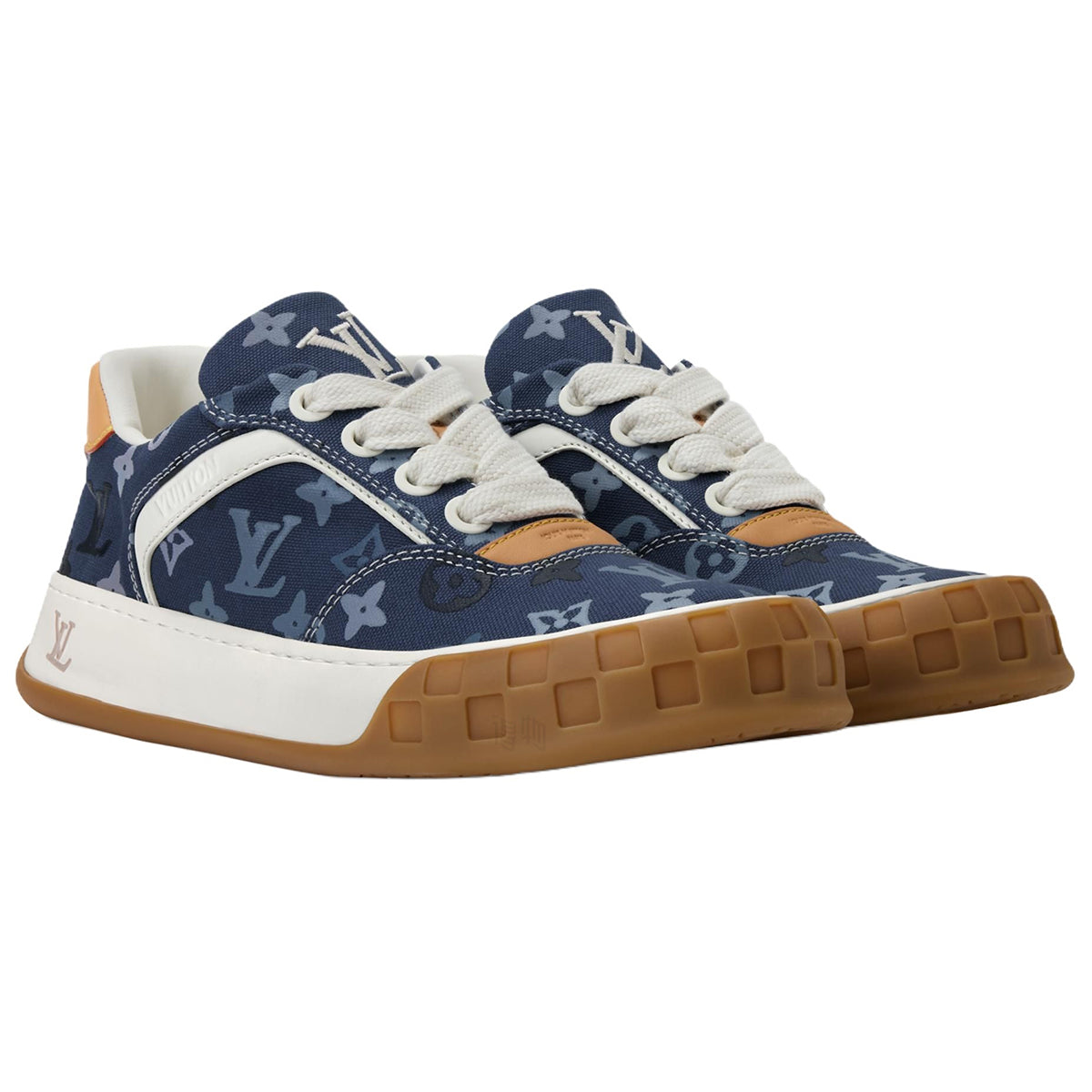 Louis Vuitton LV Ollie Navy Blue Tonal Monogram Canvas White Leather V-Stripe Orange Heel Accent Caramel Gum Sole Low-Top Sneakers – Navy Monogram & Orange
