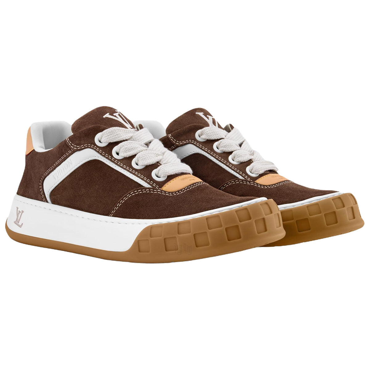 Louis Vuitton LV Ollie Deep Chocolate Brown Suede & White Leather Curved V-Stripe Caramel Tan Heel Accent Gum Checkered Sole Low-Top Sneakers – Chocolate Brown, White & Caramel