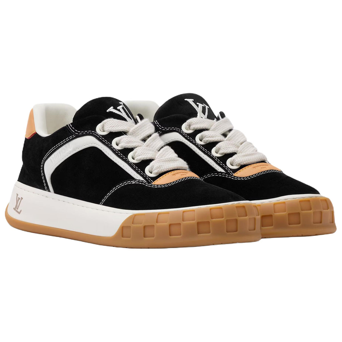 Louis Vuitton LV Ollie Black Suede & White Leather Curved V-Stripe Caramel Heel Accent Gum Checkered Sole Low-Top Sneakers – Black, White & Caramel