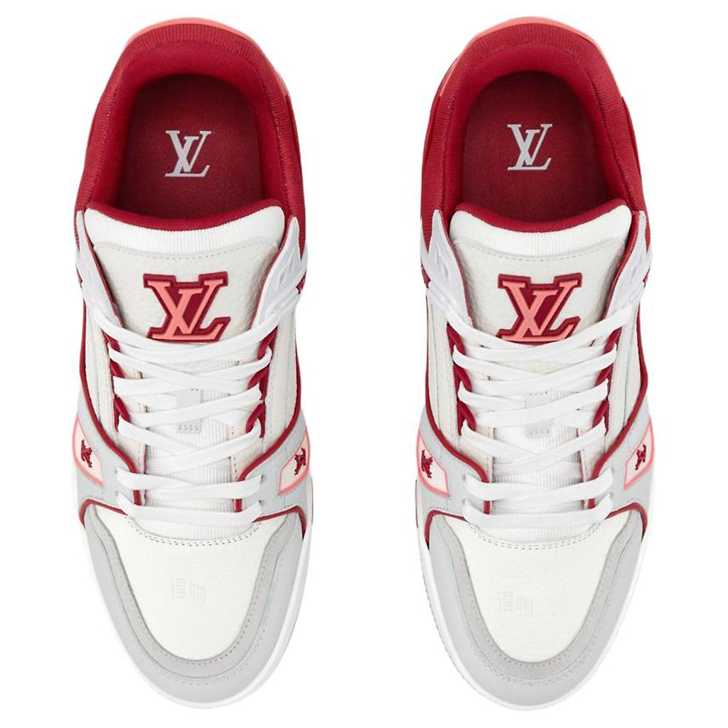 Louis Vuitton Trainer Crimson Red Ribbed Textile & White Leather Three-Tone Low-Top Sneakers – Red, White & Grey