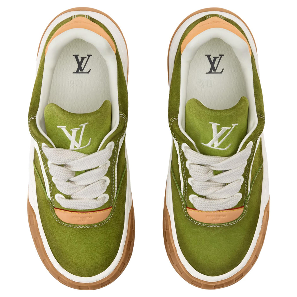 Louis Vuitton LV Ollie Olive Green Suede & White Leather Curved V-Stripe Caramel Tan Heel Accent Gum Checkered Sole Low-Top Sneakers – Olive Green, White & Caramel
