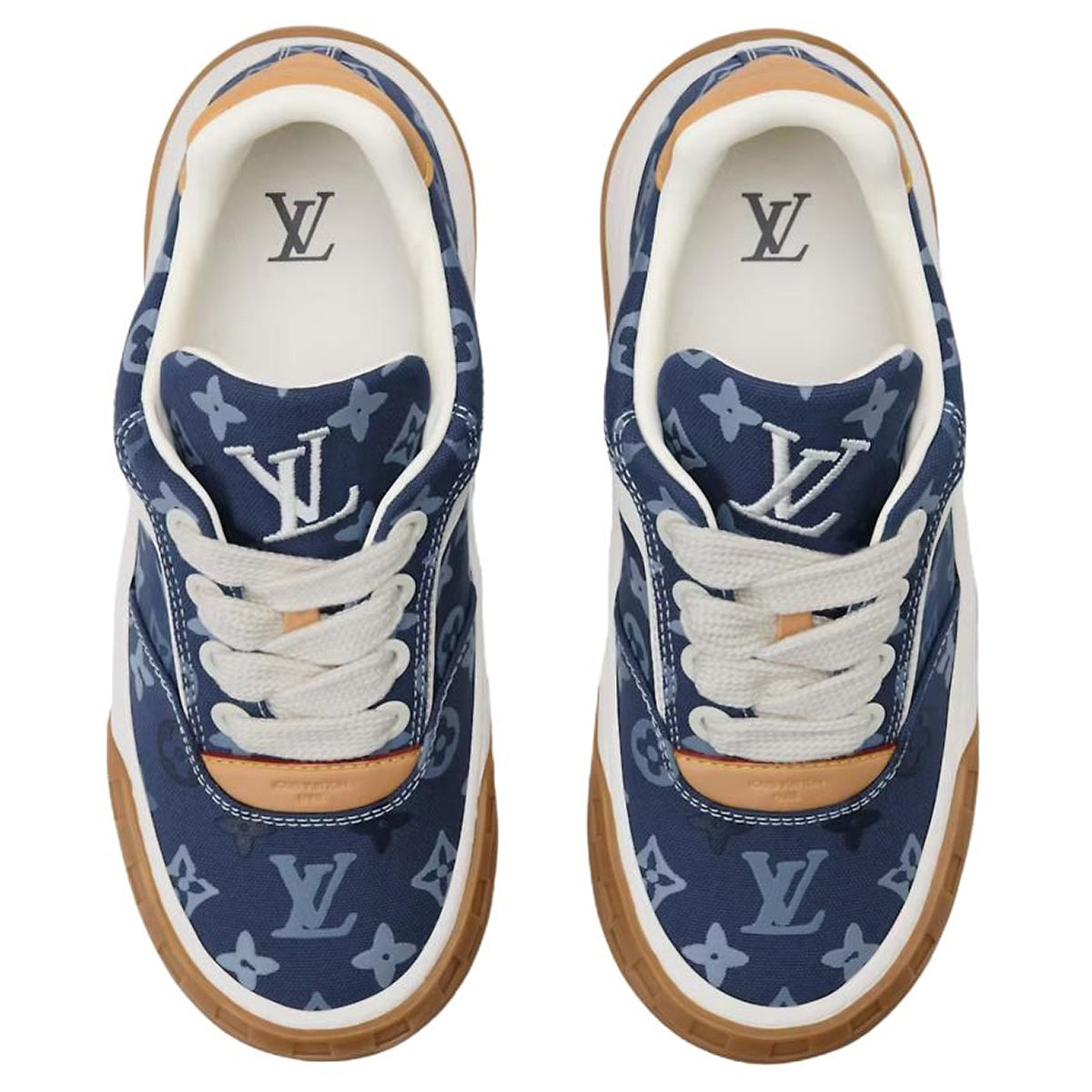Louis Vuitton LV Ollie Navy Blue Tonal Monogram Canvas White Leather V-Stripe Orange Heel Accent Caramel Gum Sole Low-Top Sneakers – Navy Monogram & Orange
