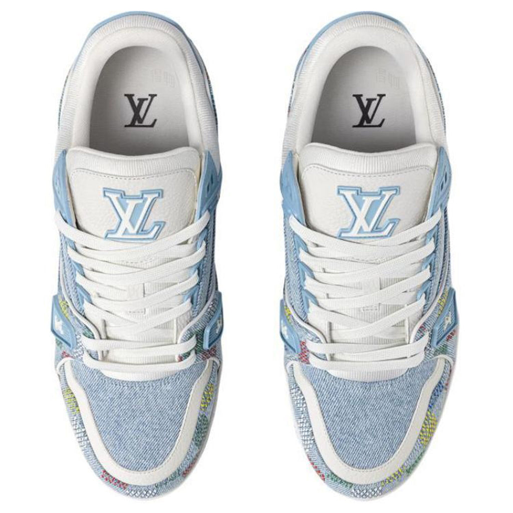 Louis Vuitton Trainer Multicolor Monogram Flower Embroidered Denim Low-Top Sneakers – Light Blue