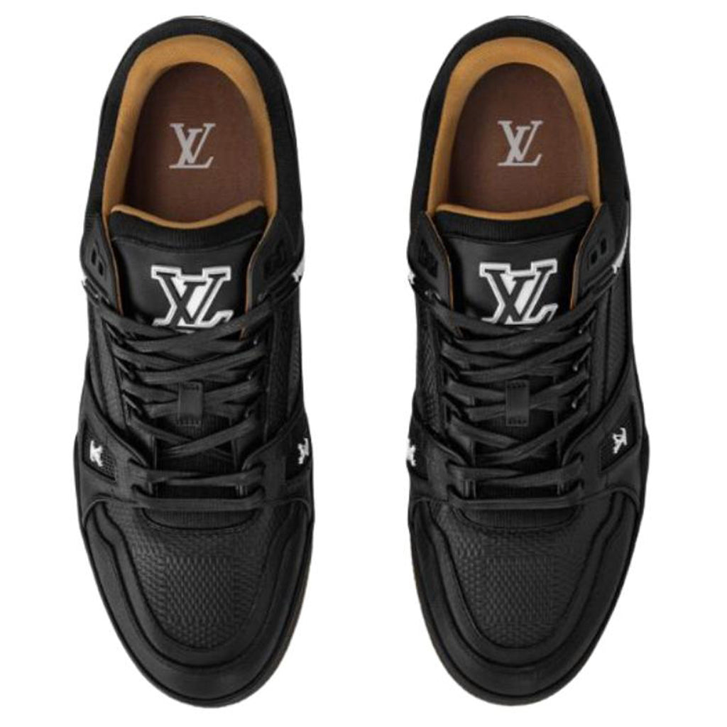 Louis Vuitton Trainer Tonal Black LV Monogram Embossed Leather & Gum Sole Low-Top Sneakers – Black & Caramel