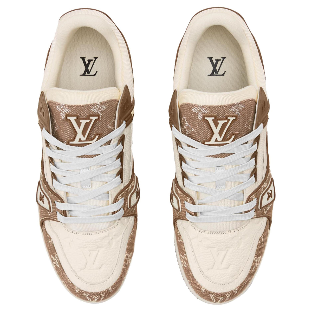 Louis Vuitton Trainer Mocha Monogram Jacquard Denim & Cream Embossed Monogram Leather Overlay Platform Low-Top Sneakers – Mocha, Cream & Brown