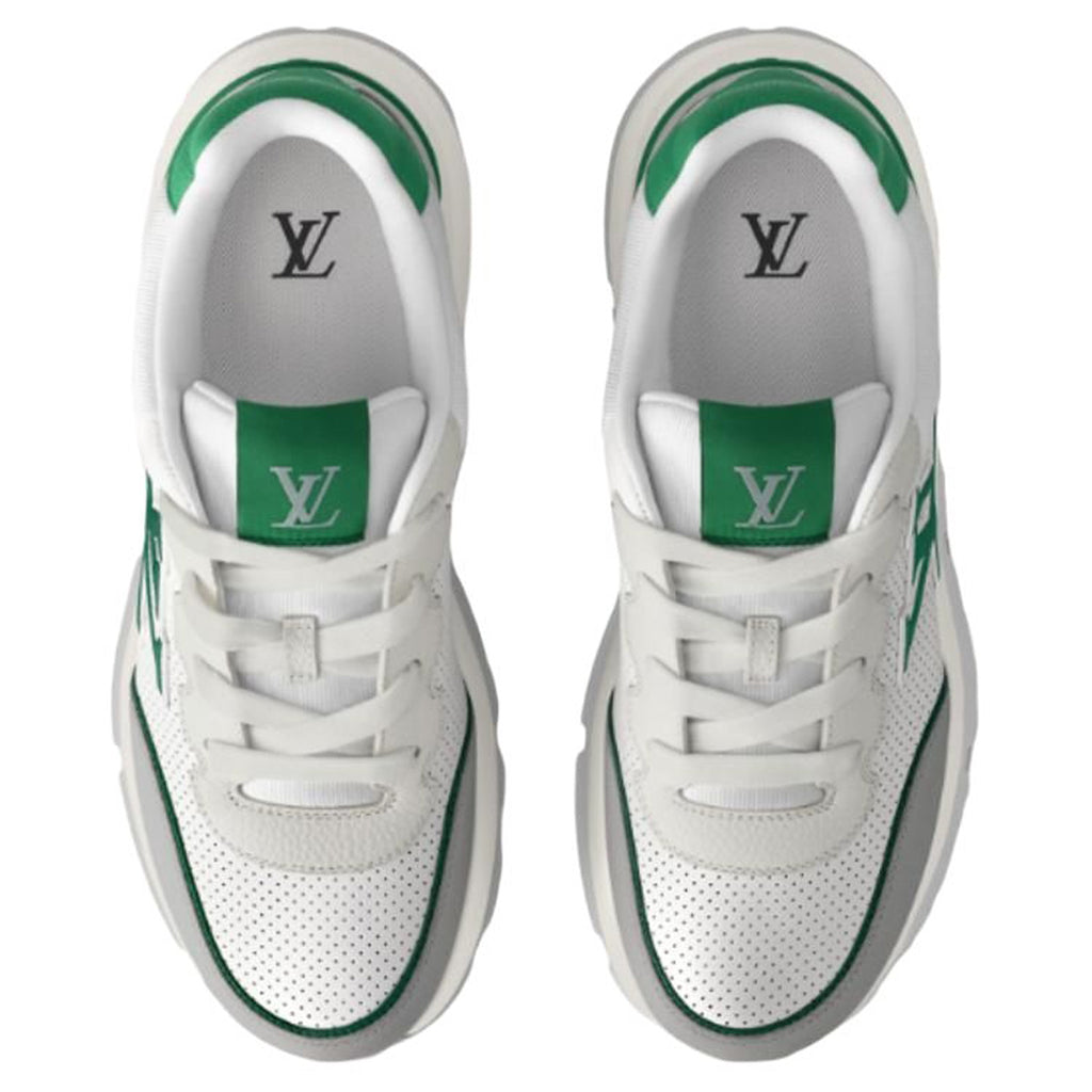 Louis Vuitton LV Runner White Perforated Leather & Grey Suede Oversized Green LV Logo Athletic Low-Top Sneakers – White, Grey & Forest Green