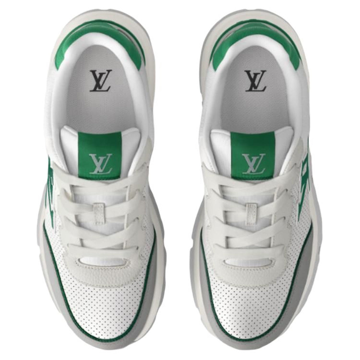 Louis Vuitton LV Runner White Perforated Leather & Grey Suede Oversized Green LV Logo Athletic Low-Top Sneakers – White, Grey & Forest Green