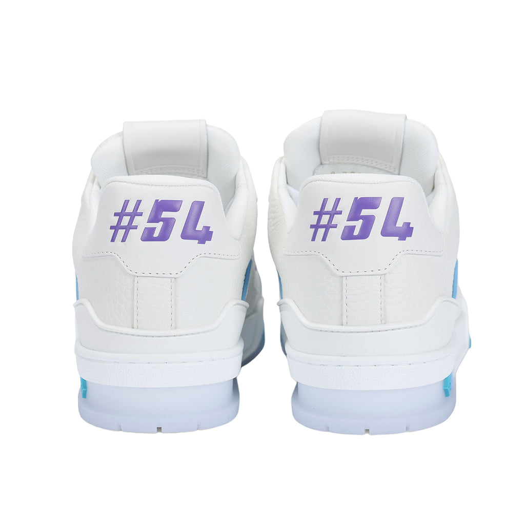 Louis Vuitton Trainer Shanghai Cruise Limited Edition White Grained Leather Ice Blue Piping & Violet Badge Cyan-Purple Sole Low-Top Sneakers – White, Ice Blue & Violet