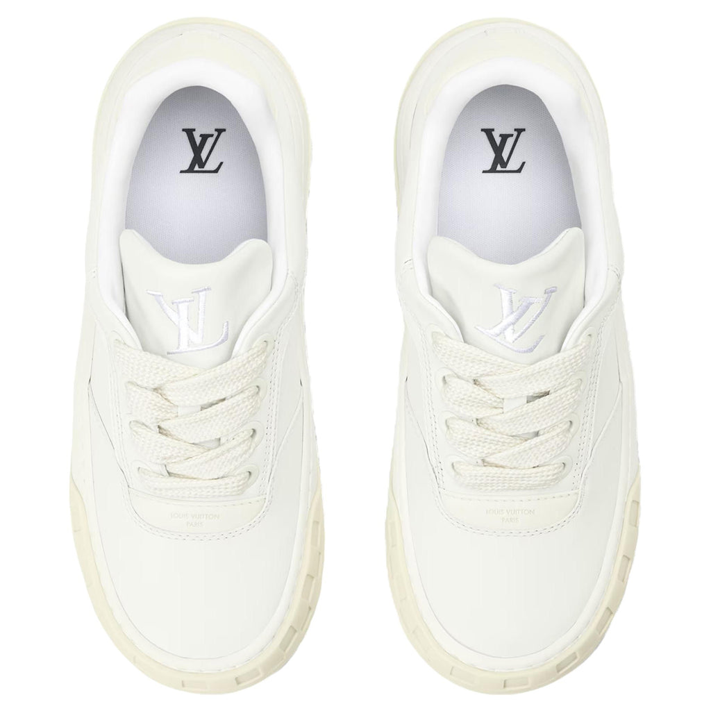 Louis Vuitton LV Ollie Triple White Smooth Calf Leather Tonal V-Stripe White Damier-Inspired Checkered Sole Low-Top Sneakers – All White