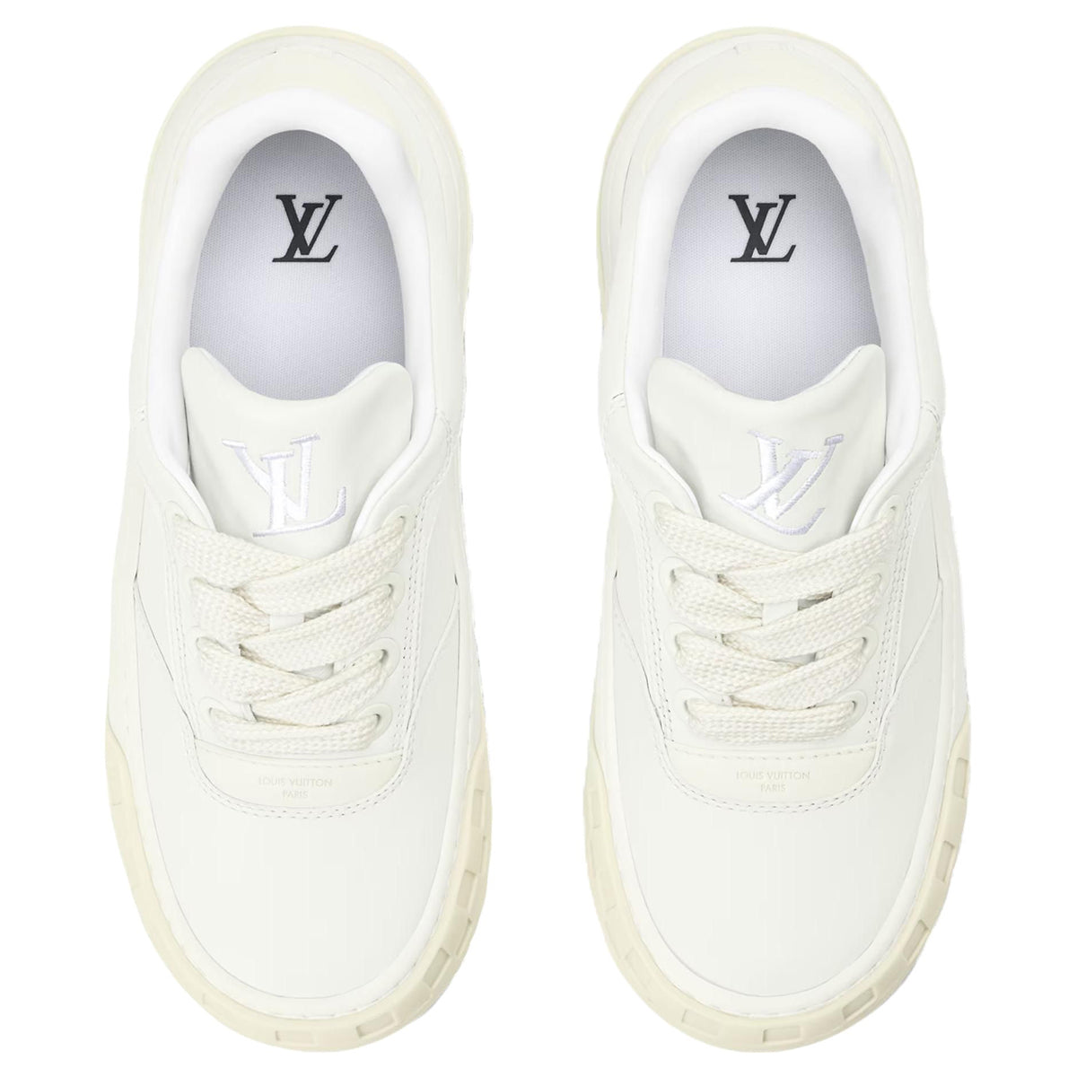 Louis Vuitton LV Ollie Triple White Smooth Calf Leather Tonal V-Stripe White Damier-Inspired Checkered Sole Low-Top Sneakers – All White